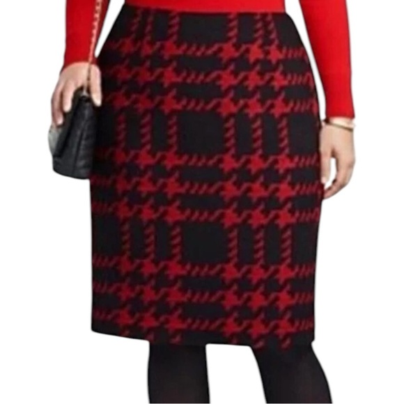 💥SALE💥TALBOTS Red Black Houndstooth Tweed Wool Blend Skirt SZ 8 - Picture 1 of 7